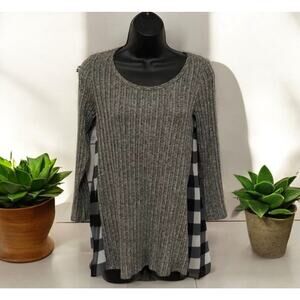 Moa Moa light Gray sweater Black White Buffalo plaid chiffon sides Tunic Size XL